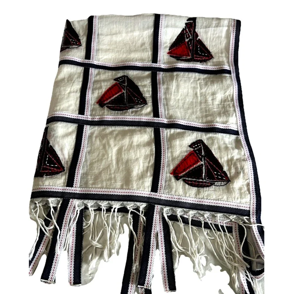 Tory Burch White Scarf with Navy Grid and Red Sailboat Motif